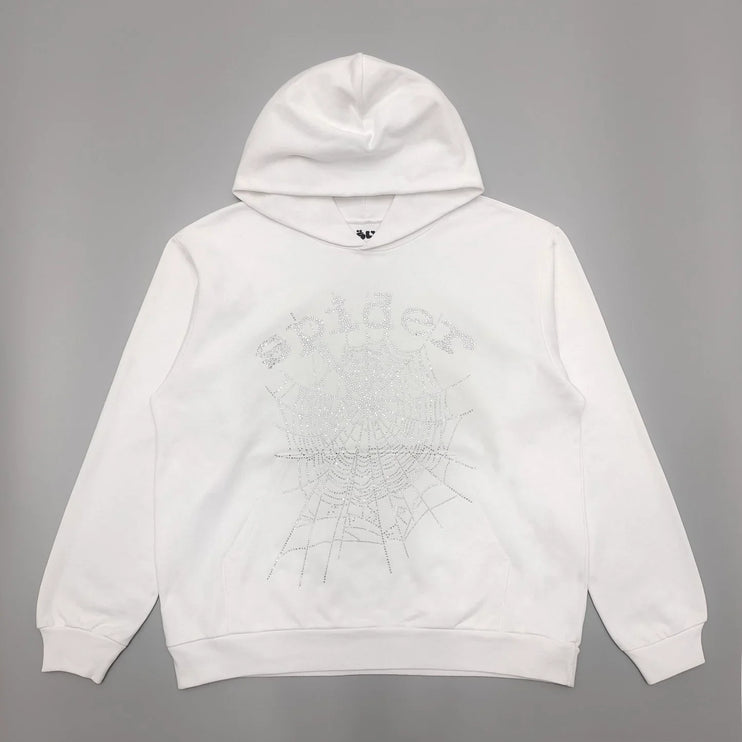 Sweat à capuche Web SP5DER OG strass blanc
