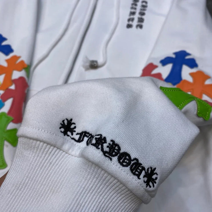Sweat à capuche zippé avec patch croix multicolore Chrome Hearts blanc