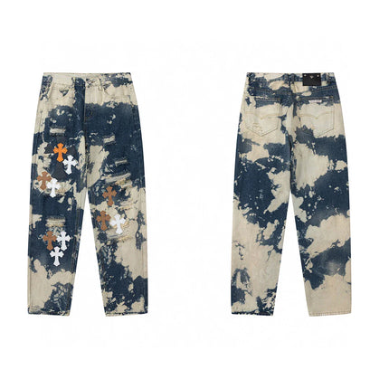 JEAN CHROME HEARTS TIE DYE BLANC ORANGE AVEC PATCH CROIX