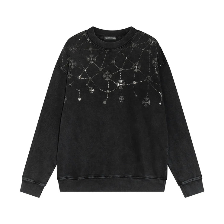 Sweat-shirt en réseau de strass CHROME HEARTS noir délavé
