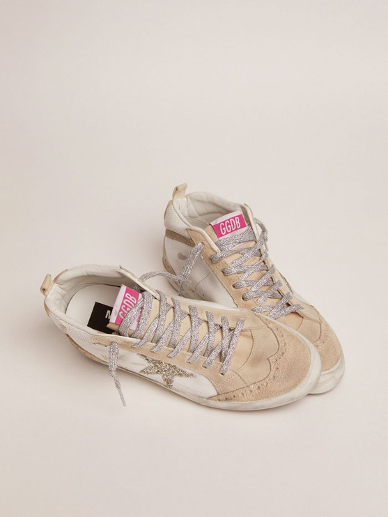 GOLDEN GOOSE Mid Star Ltd Sneakers With Light Green Glitter Star And Snake-print Leather Insert