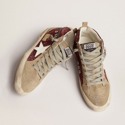 GOLDEN GOOSE Mid Star Sneakers In Burgundy Glitter With Dove-gray Suede Inserts And White Leather Star