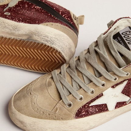 GOLDEN GOOSE Mid Star Sneakers In Burgundy Glitter With Dove-gray Suede Inserts And White Leather Star