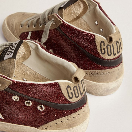 GOLDEN GOOSE Mid Star Sneakers In Burgundy Glitter With Dove-gray Suede Inserts And White Leather Star