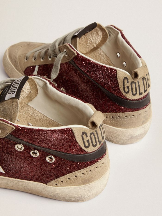 GOLDEN GOOSE Mid Star Sneakers In Burgundy Glitter With Dove-gray Suede Inserts And White Leather Star