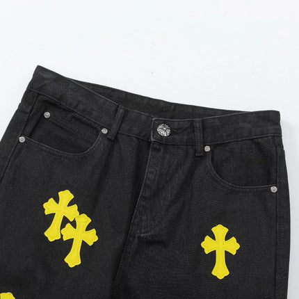 JEAN NOIR AVEC PATCH CROIX JAUNE ET CHROME HEARTS