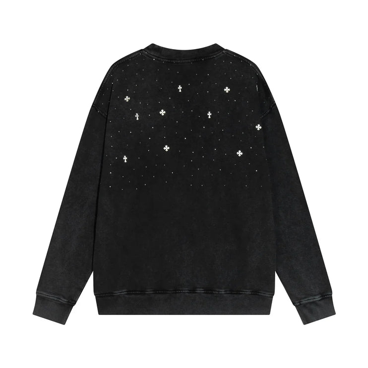 Sweat-shirt à strass étoilés et CHROME HEARTS noir délavé