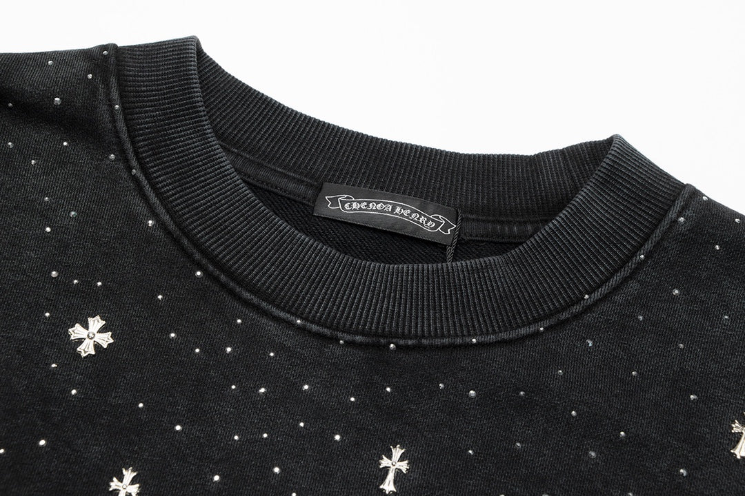 Sweat-shirt à strass étoilés et CHROME HEARTS noir délavé
