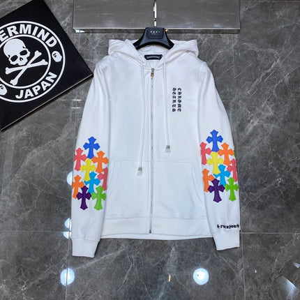 Sweat à capuche zippé avec patch croix multicolore Chrome Hearts blanc